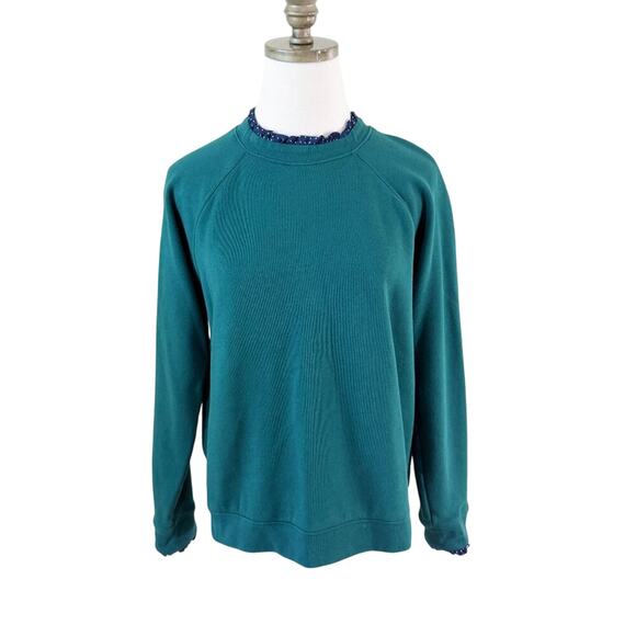 J. Crew Dark Green French Terry Pullover Size Large 100% Cotton Raglan Sleeve - Picture 1 of 11